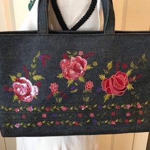 embroidered & sequined denim purse
